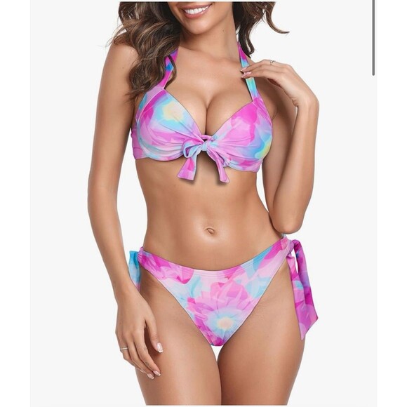 RELLECIGA Women's 2 Pcs Bikini Set Push Up Bikini Bathing Suit Sz L pink floral - Picture 1 of 16